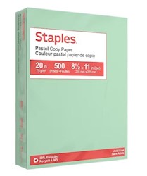 COPY PAPER, STAPLES, 8.5" X 11", RECYCLED, 20 LBS, GREEN, 500 SHEETS/REAM, 10 REAMS/CT LARGE