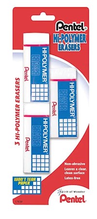ERASERS, BLOCK, PENTEL HI-POLYMER, LATEX FREE, WHITE, 3/CT MAIN