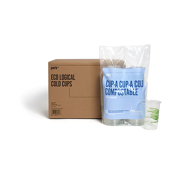 CUPS, 16 OZ,  COMPOSTABLE, PLASTIC COLD CUP, CLEAR/GREEN, 300/CARTON LARGE