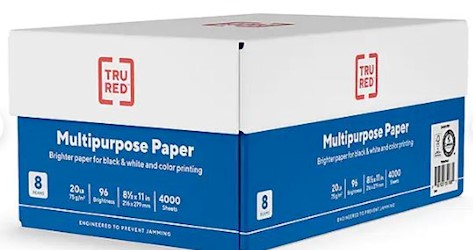 PAPER, MULTIPURPOSE, TRU RED, 20 LBS, 96 BRIGHTNESS, 8.5" X 11", 500 SHEETS/REAM, 8 REAMS/CT LARGE