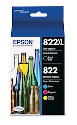 INK, CARTRIDGE, BLACK HIGH YIELD, CYAN/MAGENTA/YELLOW STANDARD YIELD, EPSON T822XL/T822, 4/CT LARGE
