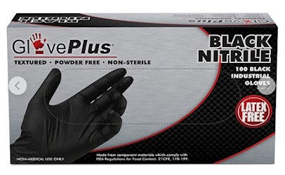 DISPOSABLE GLOVES, X-LARGE, BLACK, NITRILE, POWDER-FREE, GLOVEPLUS, 100/BOX LARGE