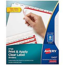 DIVIDERS, AVERY INDEX MAKER, PAPER, PRINT & APPLY LABEL SHEETS, 8 TABS, WHITE, 5 SETS/CT LARGE