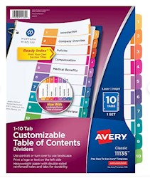 DIVIDERS, AVERY READY INDEX, TABLE OF CONTENTS, PAPER, 1-10 TABS, MULTICOLOR LARGE