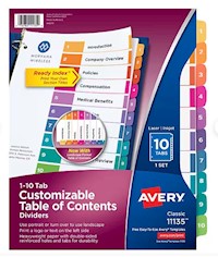 DIVIDERS, AVERY READY INDEX, TABLE OF CONTENTS, PAPER, 1-10 TABS, MULTICOLOR MAIN