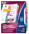 DIVIDERS, AVERY READY INDEX, TABLE OF CONTENTS, PAPER, 1-10 TABS, MULTICOLOR THUMBNAIL