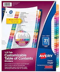 DIVIDERS, AVERY READY INDEX, TABLE OF CONTENTS, PAPER, 1-31 TABS, MULTICOLOR LARGE