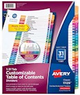 DIVIDERS, AVERY READY INDEX, TABLE OF CONTENTS, PAPER, 1-31 TABS, MULTICOLOR THUMBNAIL