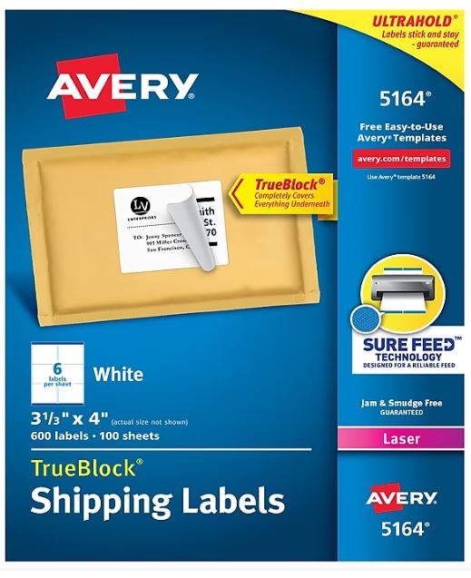 SHIPPING LABELS, AVERY, LASER, 3 1/3" X 4", WHITE, 6 LABELS/SHEET, 100 SHEETS/CT MAIN