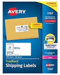 SHIPPING LABELS, AVERY, LASER, 2" X 4", WHITE, 10 LABELS/SHEET, 100 SHEETS/CT LARGE
