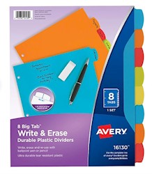 DIVIDERS, 8 TABS, PLASTIC, AVERY, WRITE & ERASE, MULTICOLOR, 1 SET LARGE