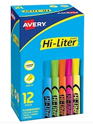 HIGHLIGHTERS, TANK, CHISEL TIP, AVERY, ASSORTED COLORS, 12/CT LARGE
