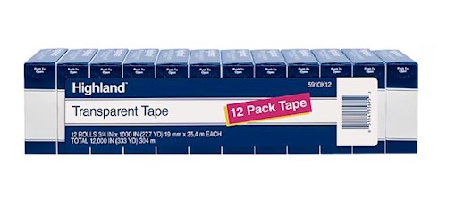 TAPE, HIGHLAND, TRANSPARENT, 0.75" X 27.77 YDS, 1" CORE, 12 ROLLS/CT LARGE
