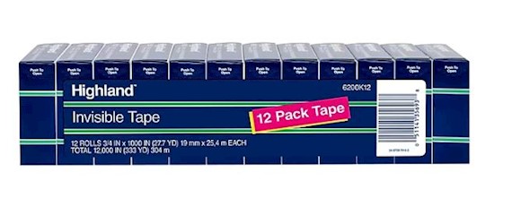 TAPE, HIGHLAND, INVISIBLE, 0.75" X 27.77 YDS, 1" CORE, 12 ROLLS/CT LARGE
