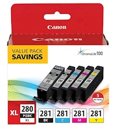 INK, CARTRIDGE, CANON 280XL/281, BLACK HIGH YIELD, BLACK/CYAN/MAGENTA/YELLOW STANDARD YIELD, 5/CT LARGE
