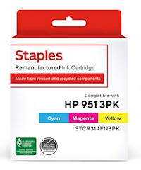 INK, CARTRIDGE, STANDARD YIELD, STAPLES REMANUFACTURED HP 951, CYAN/MAGENTA/YELLOW, 3/CT MAIN