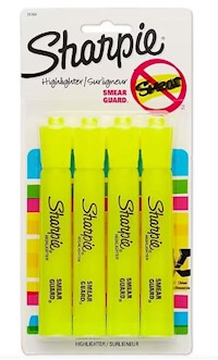 HIGHLIGHTERS, SHARPIE, TANK, CHISEL TIP, YELLOW, 4/CT MAIN