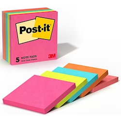 STICKY NOTES, POST-IT, 3" X 3", ASSORTED COLORS, 100 SHEETS/PAD, 5 PADS/CT LARGE