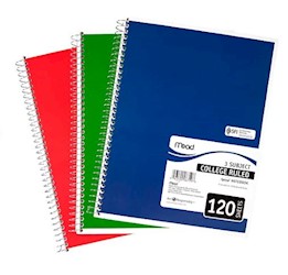 NOTEBOOK, 3 SUBJECT, COLLEGE RULED, 8.5" X 11", MEAD, SPIRAL, 120 SHEETS, ASSORTED COLORS, 1/EA LARGE