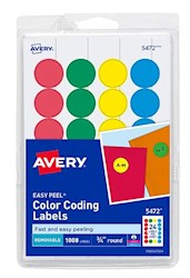 LABELS, COLOR CODING, ROUND, AVERY, LASER/INKJET, PRINT & WRITE, ASSORTED COLORS, 1008 LABELS/CT LARGE