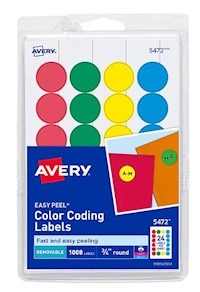 LABELS, COLOR CODING, ROUND, AVERY, LASER/INKJET, PRINT & WRITE, ASSORTED COLORS, 1008 LABELS/CT MAIN