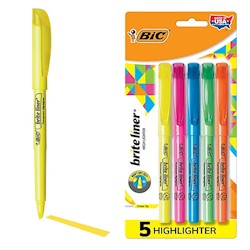HIGHLIGHTERS, BIC BRITE LINER, STICK, CHISEL TIP, ASSORTED COLORS, 5/CT LARGE