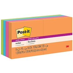 STICKY NOTES, POST-IT, 2" X 2", ASSORTED COLORS, 90 SHEETS/PAD, 8 PADS/CT LARGE