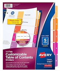 DIVIDERS, AVERY, READY INDEX, TABLE OF CONTENTS, PAPER, 1-5 TABS, MULTICOLOR, 6 SETS/CT LARGE