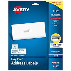 ADDRESS LABELS, AVERY EASY PEEL, INKJET, 1" X 2 5/8", WHITE, 30 LABELS/SHEET, 25 SHEETS/CT LARGE