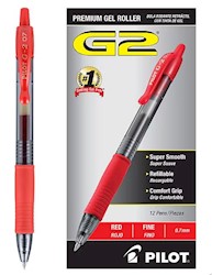 PENS, GEL, RETRACTABLE, PILOT G2, FINE POINT, 0.7MM, RED INK, 12/CT LARGE