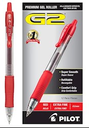 PENS, GEL, RETRACTABLE, PILOT G2, EXTRA FINE POINT, 0.5MM, RED INK, 12/CT LARGE