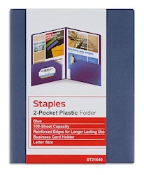 PRESENTATION FOLDER, PLASTIC, 2 POCKET, STAPLES, DARK BLUE LARGE