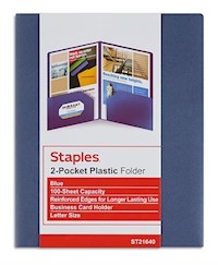 PRESENTATION FOLDER, PLASTIC, 2 POCKET, STAPLES, DARK BLUE MAIN