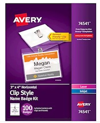 NAME BADGE HOLDERS, CLIP STYLE, AVERY, 3" X 4", WITH WHITE INSERTS, 100/CT LARGE