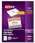 NAME BADGE HOLDERS, CLIP STYLE, AVERY, 3" X 4", WITH WHITE INSERTS, 100/CT THUMBNAIL