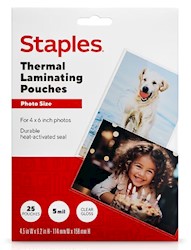 LAMINATING POUCHES, THERMAL, STAPLES, PHOTO, 5 MIL, 25/CT LARGE