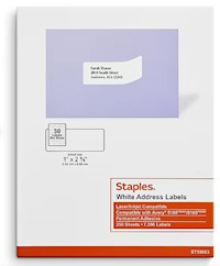 ADDRESS LABELS, LASER/INKJET, STAPLES, 1" X 2 5/8", WHITE, 7500 LABELS/CT MAIN