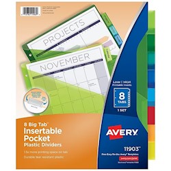 DIVIDERS, AVERY BIG TAB, INSERTABLE, PLASTIC, WITH POCKET, 8 TABS, MULTICOLOR LARGE