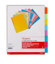 DIVIDERS, WRITE-ON, 8-TAB, ASSORTED COLORS, 1/EA LARGE