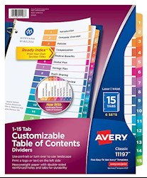 DIVIDERS, AVERY, READY INDEX, TABLE OF CONTENTS, PAPER, 1-15 TABS, MULTICOLOR, 6 SETS/CT LARGE