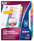 DIVIDERS, AVERY, READY INDEX, TABLE OF CONTENTS, PAPER, 1-15 TABS, MULTICOLOR, 6 SETS/CT THUMBNAIL