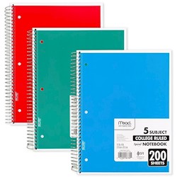 NOTEBOOK, 5 SUBJECT, MEAD, 8.5" X 11", COLLEGE RULED, 200 SHEETS, ASSORTED COLORS, 1/EA LARGE