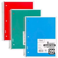 NOTEBOOK, 5 SUBJECT, MEAD, 8.5" X 11", COLLEGE RULED, 200 SHEETS, ASSORTED COLORS, 1/EA MAIN