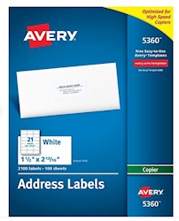 ADDRESS LABELS, AVERY, FOR COPIERS, 1 1/2" X 2 13/16", WHITE, 21 LABELS/SHEET, 100 SHEETS/CT LARGE