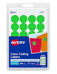 LABELS, COLOR CODING, AVERY, 3/4" DIA, NEON GREEN, 1008 LABELS/CT LARGE