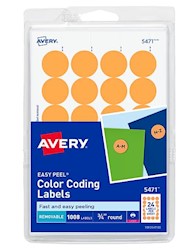 LABELS, COLOR CODING, AVERY, 3/4" DIA, NEON ORANGE, 1008 LABELS/CT LARGE