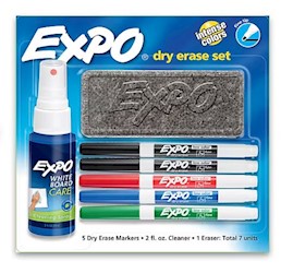 DRY ERASE KIT, EXPO, FINE TIP, ASSORTED COLORS, WITH SPRAY/ERASER, 5 MARKERS/CT LARGE