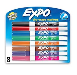 DRY ERASE MARKERS, EXPO, FINE TIP, ASSORTED COLORS, 8/CT LARGE
