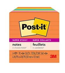 STICKY NOTES, POST-IT, 4" X 4", ASSORTED COLORS, LINED, 90 SHEETS/PAD, 6 PADS/CT LARGE