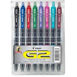 PENS, GEL, RETRACTABLE, PILOT G2, FINE POINT, ASSORTED COLORS, 8/CT LARGE